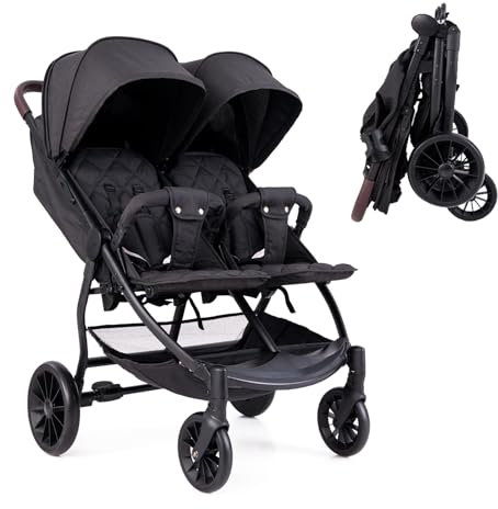 LIFEZEAL Doppelkinderwagen nebeneinander, Faltbares Geschwisterwagen mit Korb, Zwillingsbuggy für Baby 0-3 Jahre, Rückenlehne mit 3 Positionen, Belastung 15 + 15 kg (Dunkelgrau)