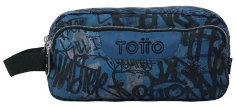 TOTTO - Estuche Escolar 3 Compartimentos, Modelo Agapec, Estuche Grande, Dimensiones 23 x 11.5 x 10.5 cm, Asa Lateral, Tiradores Ergonómicos con PVC, Tejido Resistente, Estampado Urban Graph