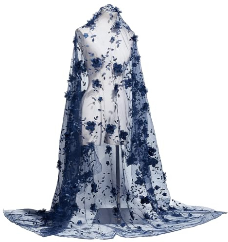 NBEADS Tessuto Ricamato A Fiori Da 1.6m, Tessuto In Pizzo Organza con Fiori Largo 1.3m Tessuti Da Ricamo In Rete Floreale per Cucire, Decorazioni per La Casa, Blu di Prussia