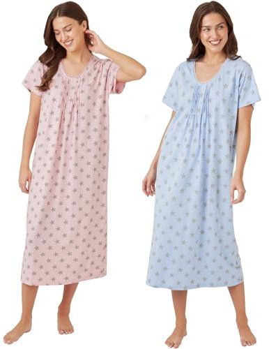 INSIGNIA Womens Pack of 2 Short Sleeve Long Cotton Blend Cool Jersey Nightshirts Nighties (Pink & Blue Star, 22-24)