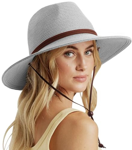 DRESHOW Cappello Panama Donna Cappello da Sole in Paglia a Tesa Larga Cappello di Paglia Regolabile Cappelli da Spiaggia UPF 50+