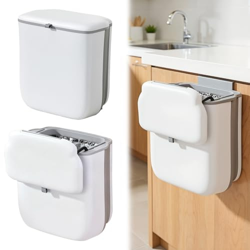 CHUNGG Foldable Kitchen bin, 10 Litre Hanging Trash Can with Lid | One Handed Press to Open Lid+Bag Buckle, Large Capacity Odor Isolation, Used Under Sinks, Cabinet Doors, Cabinet, Bathrooms