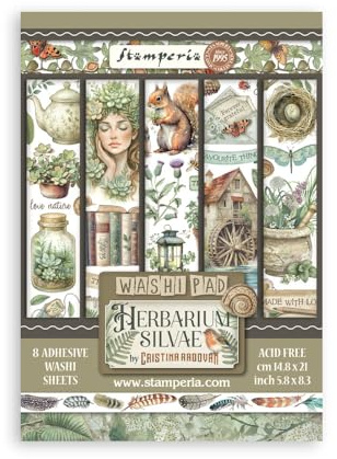 Stamperia - Washi Pad for Scrapbooks, Albums, Cards, Bullet Journals and More, Translucent and Easy to Cut, Acid Free, Perfect for Hobbies, Crafts, and Gifting (Herbarium Silvae) (A5) (8 Sheets)