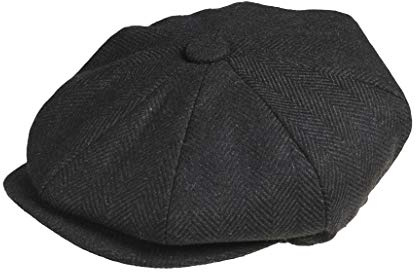 PEAKY BLINDERS 8 Piece 'Newsboy' Style Flat Cap -Melton Wool Fabric Black Herringbone