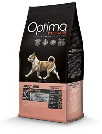 Optimanova Super Premium Huderfutter Adult Mini Sensitive - Trockenfutter Lachs und Kartoffel - 8kg - Hypoallergen - Ohne Getreide - 40% Frischfleisch - Kleine Hunderassen
