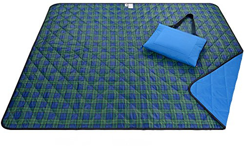 Roebury Beach Blanket Sand Proof & Outdoor Picnic Blanket - Water Resistant, Large Mat for Camping or Travel. Washable, Foldable, Easy Carry Compact Tote Bag (Green/Blue Plaid)