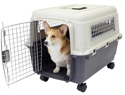 SportPet Airline Compliant MEDIUM 24.25 Travel Dog Kennel-Durable Plastic Airline Pet Carrier w/Removable Wheels & Food Bowls, Collapsible Indoor/Outdoor Dog Kennel, Dogs up to 23L & 15H-Cream/Gray