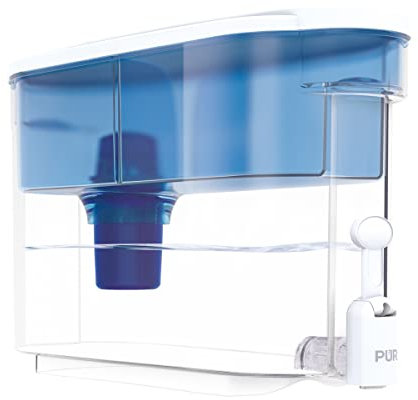 PUR Dispensador de filtro de agua para encimera de 30 tazas, 1 filtro PUR original, potente filtración 2 en 1, dura 2 meses o 40 galones, apto para lavavajillas, blanco/azul (DS1800Z)