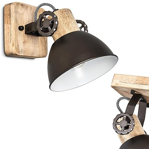 Vägglampa Orny, väggspot i retro/vintage-design, justerbar vägglampa av metall/trä i svart/brun, 1-lampa, 1 x E27-fäste, utan glödlampor