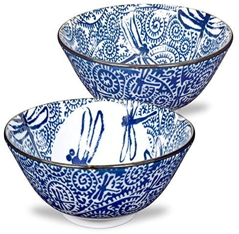 Mino Ware Japanese Rice Bowl, Rice Ramen Noodle Soup Sarada Pasta, Dragon Fly Design Chawn, 2.5 inch 8.4oz, Set of 2