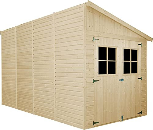 Casa da giardino in legno naturale (con parete laterale) 416x218 cm/8,1 m²- Magazzino esterno con finestre - Capanno da giardino - Bici, Deposito attrezzi e rimessa TIMBELA M340A