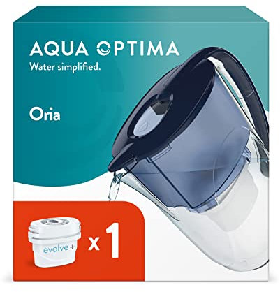 Aqua Optima Oria - Caraffa filtrante per acqua, 1 cartuccia filtrante Evolve+, capacità 2,8 l, per ridurre microplastiche, cloro, calcare e impurità, colore: blu