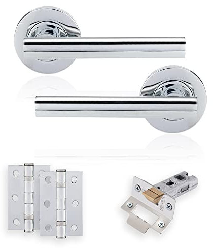 XFORT: Poignées de porte Liberty à levier sur rosace en chrome poli, ensemble complet avec poignées de porte à barre en T, loquet tubulaire de 65 mm et charnières à roulement à billes de 75 m.