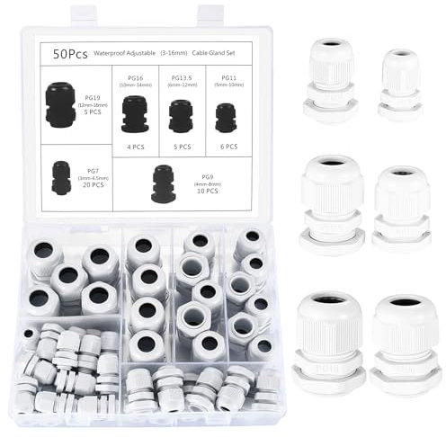 50 Pezzi Passacavo Impermeabile IP68, Connettori Pressacavi con Cavo Flessibile Regolabile, Pressacavi Elettrici con Guarnizioni Controdado - PG7/9/11/13.5/16/19 (Bianco)