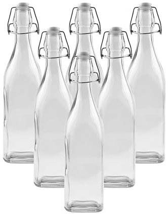 simpa Vintage Style Clear Glass Bottles with Swing Top Lids. Square 750ml Bottles - Set of 6