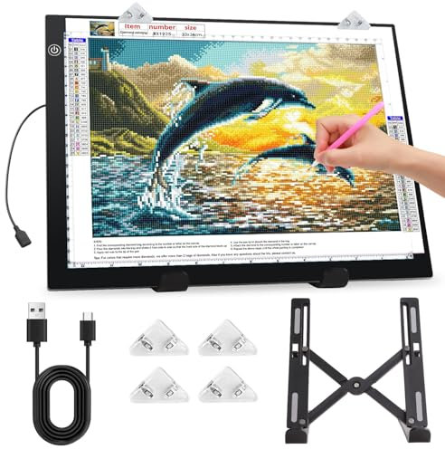 Zocelight Bloc lumineux A4 pour adultes, tableau lumineux ultra fin avec support et clip pour accessoires de peinture diamant, boîte lumineuse à 3 niveaux pour dessin, croquis, animation (noir)