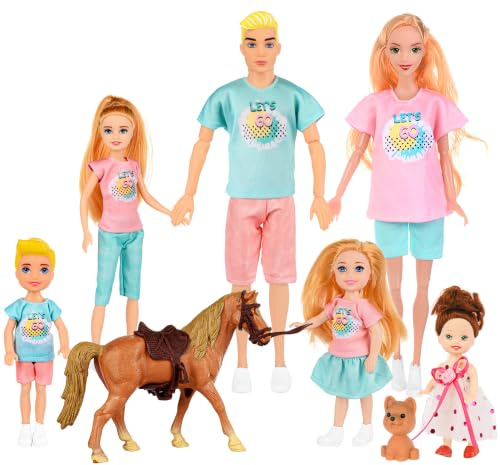 Familie Puppen Set von 7 Personen mit Welpen und Pferd Zubehör Inklusive 11.5 Zoll schwanger Mama, Papa, 4 Kinder und ein Baby im Bauch der Mutter für 3-12 Jahre Kleinkind Geschenk (Geschenkbox Paket)