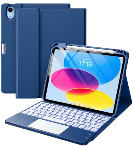 Vobafe Hülle mit Tastatur für iPad 10 Generation 2022, iPad 11 Generation A16 2025, 11/10,9 Zoll, Multi Touch Trackpad, 7 farbiges Hintergrundlicht, mit Stifthalter, QWERTZ Layout, Navy blau