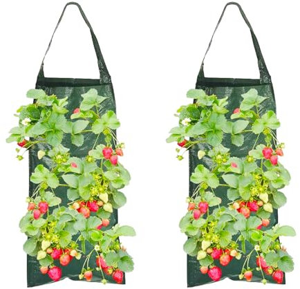MUYAPAY 2 Piezas Bolsa Colgante para Plantar, Bolsas para Plantar Fresas Colgantes, Bolplantación Tomates Invertida,Bolsa de Cultivo de Plantas para Fresas, Jardín, Tomates, Flores (Verde)