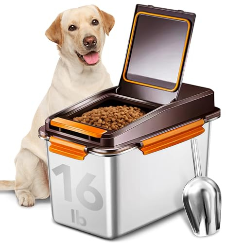 Newget Dog Food Storage Container Stainless Steel with Scoop, 16-lb/11-lb Airtight Metal Pet Food Storage Bin, Cat Food Container for Dry Dog, Cat Food, Bird Seed, Keep Food Fresh, Brown