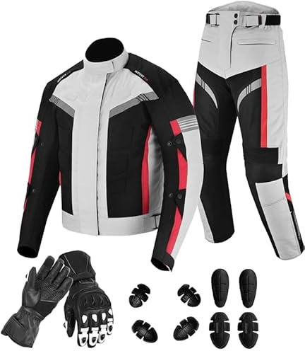 Motorradanzug für Herren, wasserdichte Motorradjacke mit Hose und Handschuhen, Motorradanzug mit Cordura-Rüstung, abnehmbare Rüstung, silber, 4XL