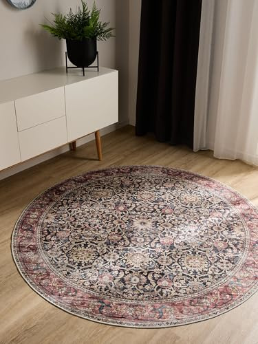 benuta Basic Waschbarer Teppich George - Multicolor/Rot 160 cm rund - Kunstfaser - rund & im Style: Vintage, Elegant, Retro - Pflegeleicht für Wohnzimmer Schlafzimmer