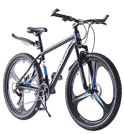 LSLIFE 26 Inch Mountain Bike, 21-Speed Mountain Bicycle Mens Boys Bike Disc Brakes 3 Spoke Wheels with Shock Absorber (Black & Blue, 26 Inch)