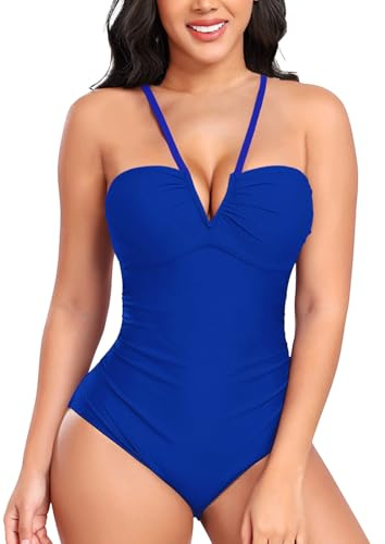 NLAND Bañadores Mujer Cuello en V Trajes de Baño una Pieza para Mujer Correas Espaguetis Push Up Cintura Alta Vientre Plano Sexy Bañador Natacion Monokini,Azul Marino L