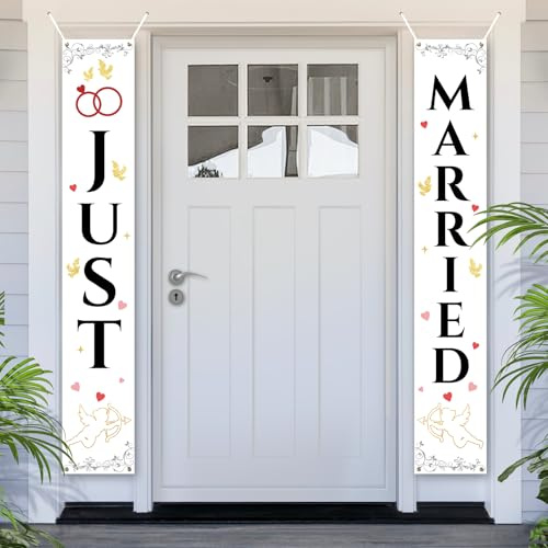 PartyYaa Cartel de recién casados, decoración de tela para puerta de boda, suministros románticos para bodas, fiestas, despedidas de soltera, aniversario, decoración del día de San Valentín
