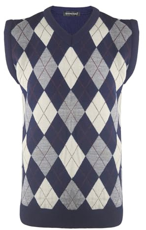 Generation Fashion New Men Knitted V-Neck Argyle Pattern Sleeveless Jumper Top Sweater Vest with Ribbed Edge[Navy-Stone,S ]