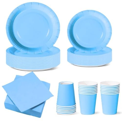 WOOPARTY Set Stoviglie Carta Monouso Celeste 112 Pezzi, Festa di Compleanno, Kit per 24 Ospiti