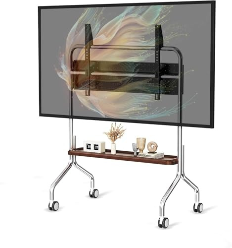 TV-bänk med hjul, staffli, rullande TV-stativ för 32–75 tums LCD, LED, OLED, platt skärm, stativ i rostfritt stål med hjul, max 50 kg, VESA 600 x 400 mm (en förvaringshylla i trä, med hålplattform)