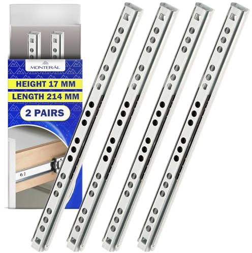 2 Paires Glissiere pour Tiroir sur Roulement à Billes 214 mm x H 17 mm - Télescopiques Coulisse Tiroir Ont une Extension Partielle de 134 mm - Garantie de 10 Ans - MONTERAL