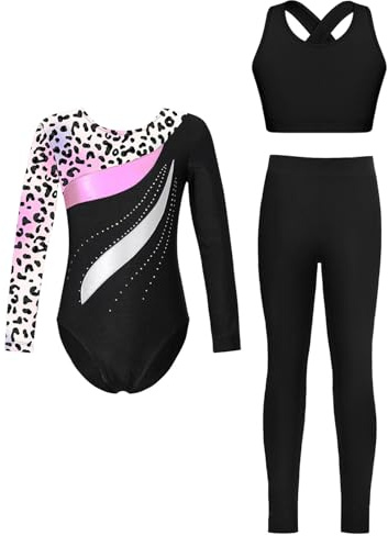 Xnihocha Costume De Gymnastique Pour Enfants Fille Tenue De Gym Manches Longues Body Avec Haut Et Pantalon Tenue D'entraînement Léopard coloré 7-8 ans