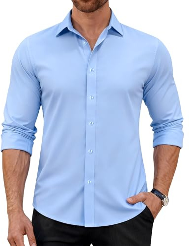 J.VER Mens Shirt Long Sleeve Smart Casual Blue Dress Formal Non Iron 4-Way Stretch Business Wedding Work Button Down Shirts L