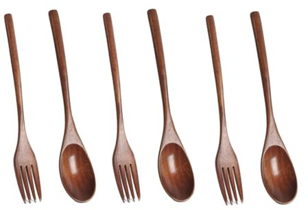 Set di 6 utensili in legno con cucchiaio e forchetta per mangiare e mescolare stoviglie in stile giapponese, set di utensili per il pranzo, cucchiai e forchette per insalata e zuppa