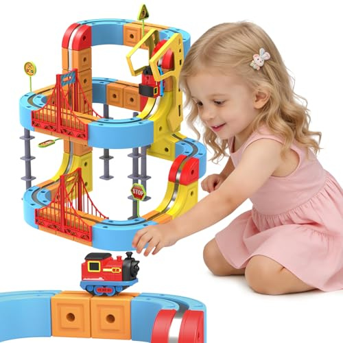 Electric Train Set, 88PCS Flexible 3D Race Track Building Toy for Kids 3-8 | STEM Train Track Set with Motorized Train and Modular Cube Layouts