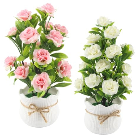 DBALL Fiori Artificiali in Vaso 2 Pezzi Alti 33 CM Fiori Artificiali Realistici Adatti per Decorazioni Domestiche Davanzali Soggiorni Camere Da Letto Uffici (Rosa e Bianco)