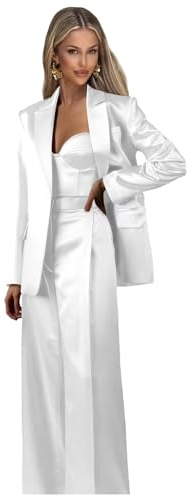Satin Suit Set Women 3 Piece Dressy Womens Suits Business White Women Tuxedo Suit Set Wedding Guest Pants Suit Size XL-Large