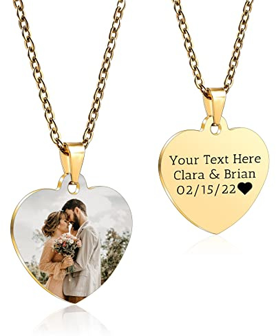 OTXIXTO Colgante de Corazón Personalizado para Mujer Grabado Nombre/Texto/Fecha Collar con Foto en Color para Parejas Acero Inoxidable Amantes Joyería Regalos de Dama de Honor(Oro 34