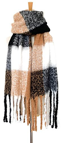 HGJH Schal Damen Winter,Damen Kontrastierender Dicker Quastenschal Modeschal Wildes Gitter Schwarz Beige Breitenschal Elegante Damen Dicker Trend Weihnachtsschal Für Damen Warmer Schal