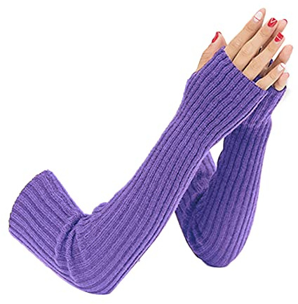 SUNTRADE Damen Mädchen Strick Weiche Dehnbare Fingerlose Handschuhe Armstulpen Lange Handschuhe, Violett, Medium