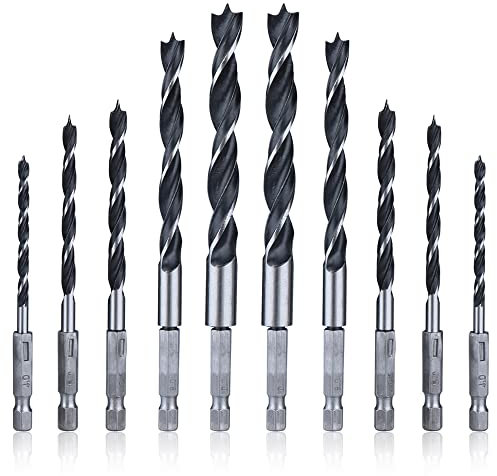 Mesee 2 Set di 5 Punte Elicoidali per Legno in HSS da 6,35 mm Fusto Esagonale, Punte per Trapano da 4 mm/ 5 mm/ 6 mm/ 8 mm/ 10 mm Fresa a Spirale a Punta Brad per Perforazione su Legno