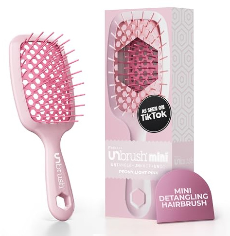 FHI Heat UNbrush Mini Detangler Brush for Pain-Free Brushing on All Wet or Dry Hair Types — Durable Duoflex Anti-Static Bristles, Lightweight Handle, Vented Mini Hair Brush, Peony Light Pink
