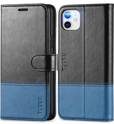 TUCCH Cover per iPhone 11, Custodia Folio [RFID Blocking] Portafoglio Pelle Sintetica TPU Antiurto, Supporto Slot per Schede Protezione Ottimale per iPhone 11 (6,1 pollici, 2019), Nero Azzurro