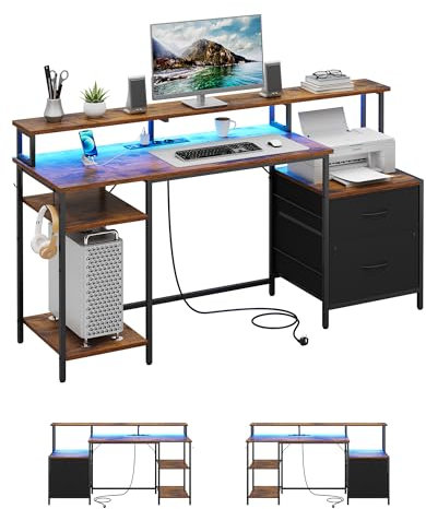 Computertisch, Schreibtisch mit 2 Schubladen, Gaming Tisch mit led und Steckdose, Bürotisch mit Druckerregal und Monitorständer, 2 Haken,Verstellbare Ablagen, PC Tisch, Zuhause, Büro, 160 cm, Braun