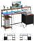 KIMENICH Bureau Gaming LED, Bureau Informatique Réversible et Multiprises, Étagère Réglable, 2 Tiroirs, Meuble de Rangement Bureau avec Support d'imprimante et Support d'écran, Marron