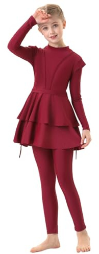 IMEKIS Kid Girls Muslim Swimwear Long Sleeve Burkini with Hijab Full Cover Rash Guard Swimsuit 3pcs Ruffle Tankini Set Bathing Suit Summer Beachwear Burgundy 7-8 Years