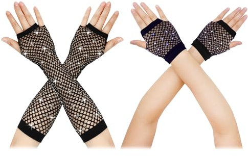 AffeGifts Netzhandschuhe Schwarz 2 Paare, Lang und Kurz Netz Handschuhe Cosplay Strass Fingerlose Netzhandschuhe Sparkly Glitter Netzhandschuhe Handstulpen Netz Lang für 80er Jahre Party