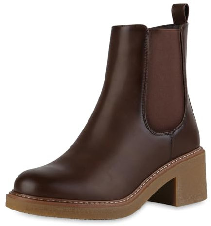 VAN HILL Damen Klassische Stiefeletten Blockabsatz Basic Trendy Schuhe 215961 Braun 38